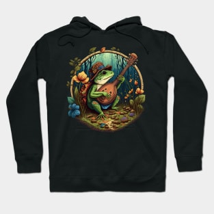 Cottagecore aesthetic cute frog playing ukelele on Mushroom Hoodie